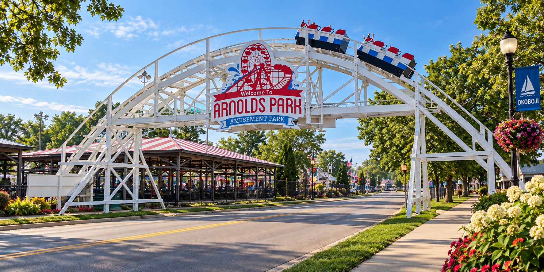Arnolds Park Amusement Park entrance and roller coaster in Okoboji, Iowa