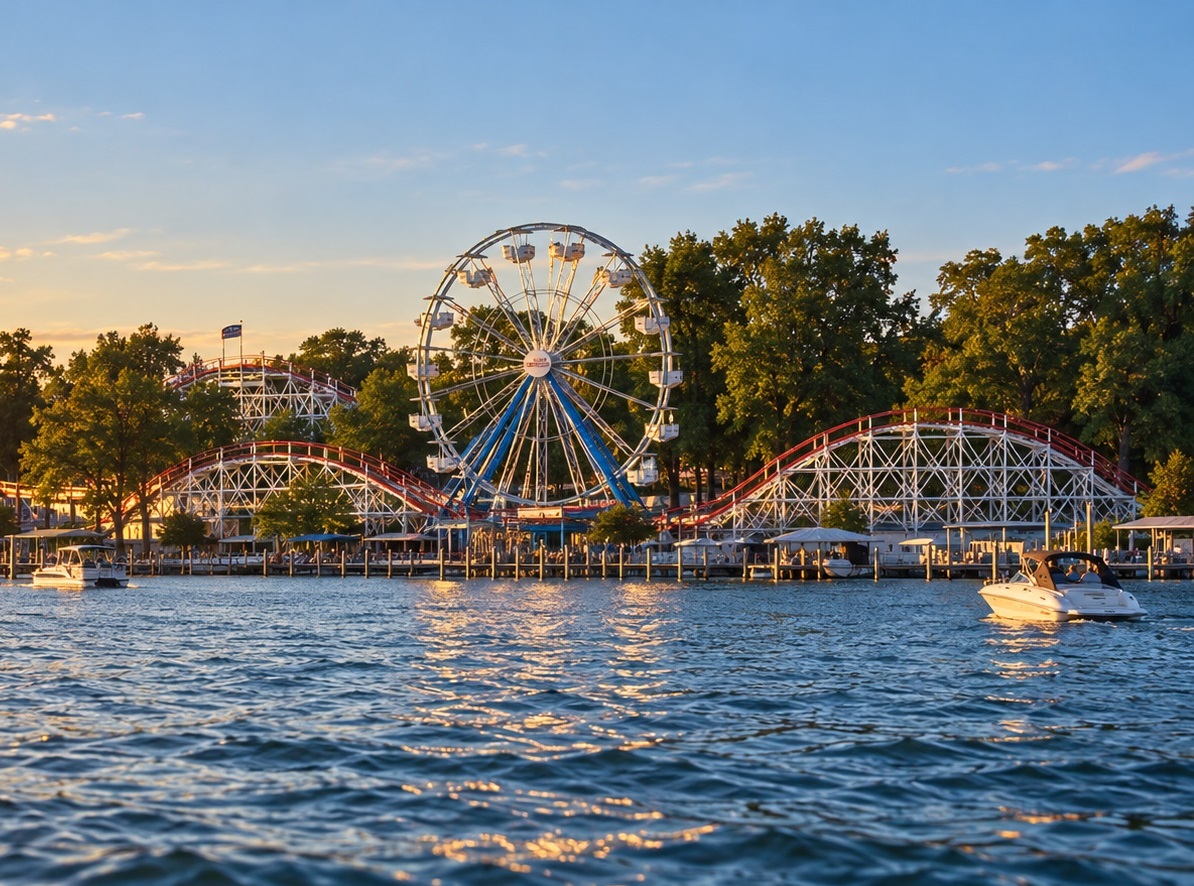 Arnolds Park waterfront and ferris wheel in Okoboji