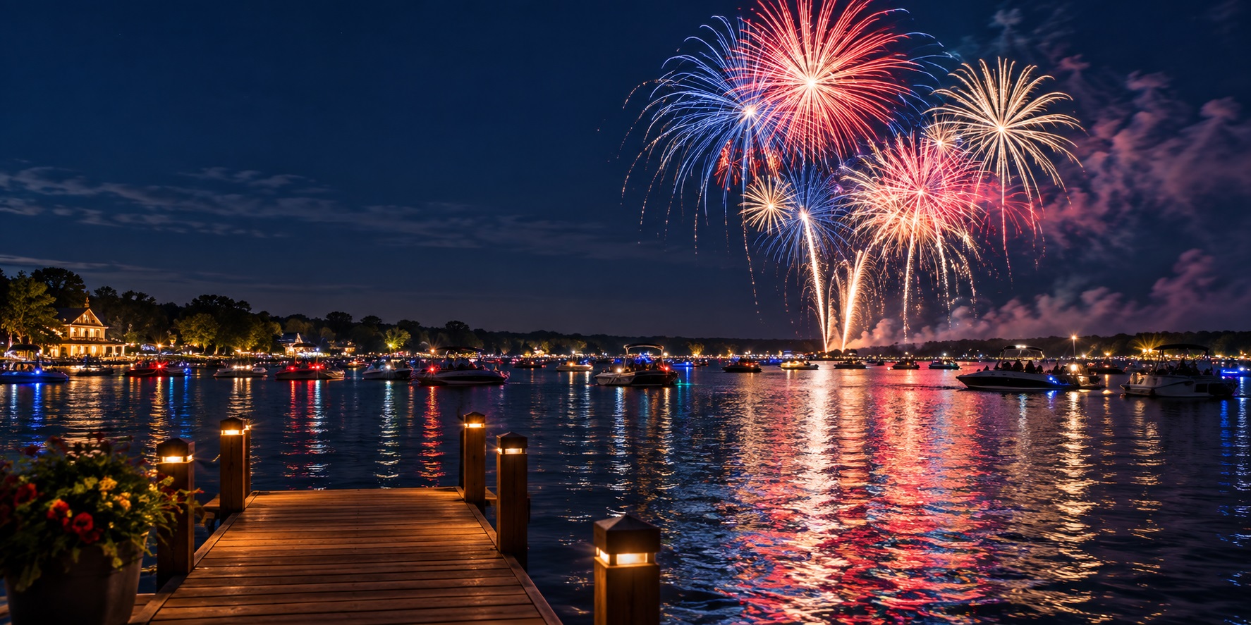 Fireworks over West Lake Okoboji with boats gathered on the water